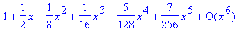 series(1+1/2*x-1/8*x^2+1/16*x^3-5/128*x^4+7/256*x^5...